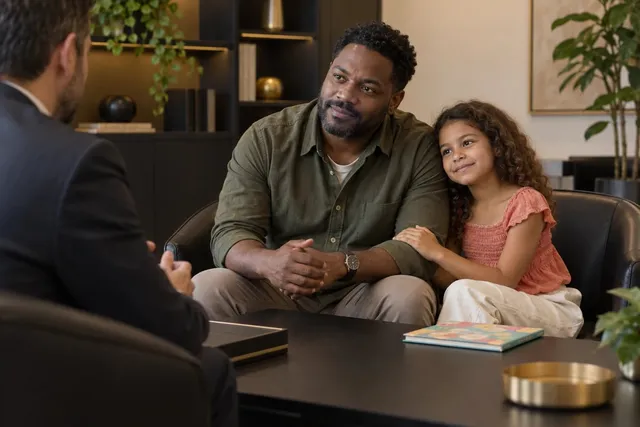 Pai e filha recebendo orientação de advogado para filiação socioafetiva em Indaiatuba